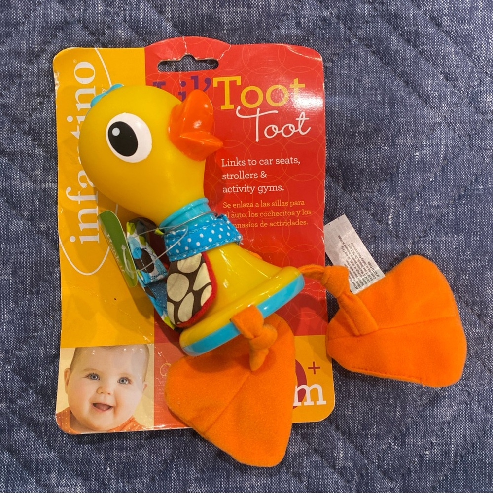 Infantino rubber duck vinyl horn baby toy hanging loop plush fabric feet wings
